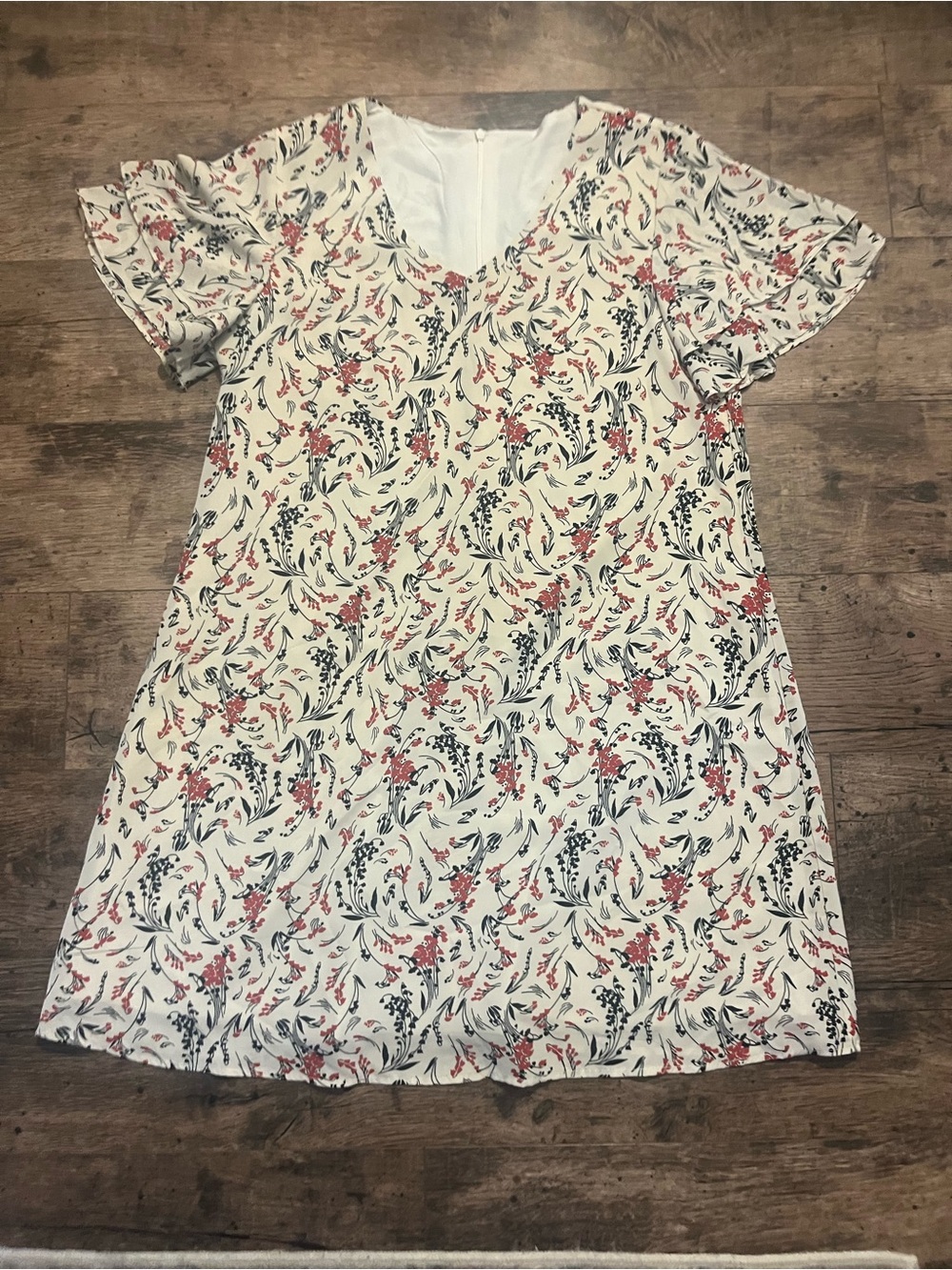 Cream Floral V-Neck Shift Dress with Red & Black Print